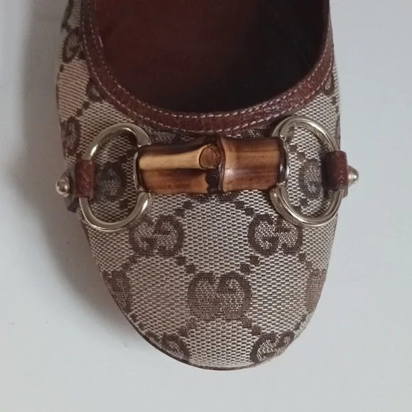 Gucci Tan Logo Canvas Flats In Box W Bamboo Bit. - Picture 5 of 7